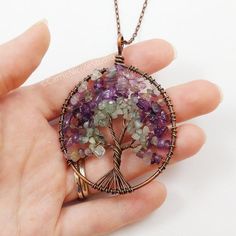 Celtic Tree of Life Necklace / Purple Amethyst / Green Aventurine / Copper Wire Wrapped Tree Pendant Bohemian Round Aventurine Jewelry, Handmade Lavender Crystal Necklace In Spiritual Style, Handmade Lavender Crystal Necklace Spiritual Style, Nature-inspired Gemstone Beaded Necklace As Gift, Handmade Aventurine Round Necklaces, Handmade Amethyst Pendant Beaded Necklace, Handmade Fluorite Pendant Jewelry, Handmade Amethyst Pendant Beaded Necklaces, Artisan Purple Beaded Necklace For Gift