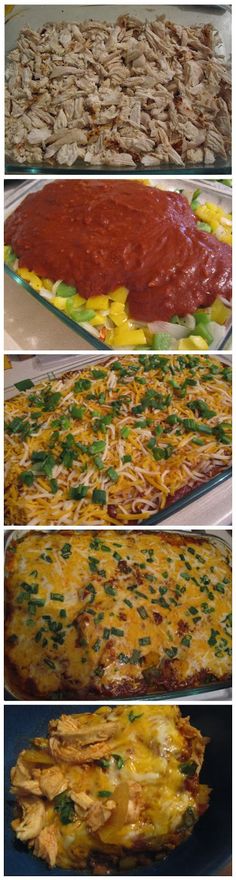 four different types of food are shown in this collage, including pizzas and lasagna casserole