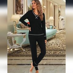 Agfan Women’s Pajamas Set Long Sleeve Pjs Sets With Jogger Pants 2 Piece Outfits Two Piece Sleepwear Loungewear In Black Size Large, Brand New With Tags. Comfortable Black Sleepwear For Loungewear, Casual Black Sleepwear Set, Casual Black Sets For Relaxation, Comfortable Black Sleepwear For Pajama Party, Black Long Sleeve Sleepwear For Lounging, Black Stretch Sleepwear For Relaxation, Black Long Sleeve Sleepwear For Relaxation, Stretch Black Sleepwear For Relaxation, Black Long Pants Sleepwear