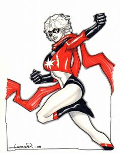 a drawing of a woman in a red and white costume running with her arms out