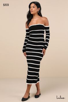 Grab your sleekest boots and pair them with the Lulus Chicest Side Black Striped Off-the-Shoulder Midi Sweater Dress for an ultra-stylish vibe! An ivory striped design accents soft and stretchy sweater knit as it shapes an off-the-shoulder bodice, with cute scalloped trim along the elasticized, straight neckline and long sleeves (with elastic at the shoulders). Figure-skimming silhouette continues into a column midi skirt with a scalloped hem and a kick pleat at back. Fit: This garment fits true Black And Blue Dress, Midi Sweater Dress, Black Sweater Dress, Kick Pleat, Adhesive Bra, Scalloped Trim, Striped Midi Dress, Sweater Dress Midi, Straight Neckline