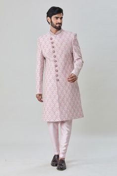 Pink sherwani with all over floral butti embroidery. Paired with churidar - Aza Fashions Designer Pink Bandhgala With Resham Embroidery, Festive Pink Designer Bandhgala, Designer Pink Kurta With Resham Embroidery, Designer Pink Bandhgala With Zari Work, Designer Pink Sherwani For Festive Season, Designer Pink Fitted Kurta, Designer Fitted Pink Kurta, Ceremonial Pink Sherwani With Chikankari Embroidery, Designer Fitted Traditional Wear With Resham Embroidery