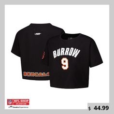 Show off your Cincinnati Bengals pride with this Joe Burrow Player Name & Number Cropped Boxy T-Shirt from Pro Standard. The boxy fit ensures a relaxed feel and freedom of movement, making it perfect for game day or casual outings. With its cropped hem and bold player name and number patch, this tee offers a stylish and modern take on classic fan gear. Black Tops With Team Name Relaxed Fit, Black Relaxed Fit Top With Team Name, Athleisure Boxy Fit Top With Letter Print, Black Relaxed Fit T-shirt For Game Day, Black Relaxed Fit Cropped T-shirt With Letter Print, Joe Burrow Hoodie, Black Cropped T-shirt For Sports, Sports Graphic Cropped T-shirt With Crew Neck, Black Letter Print Relaxed Fit Cropped T-shirt