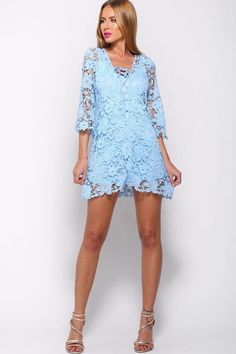 Lace mini dress.Long sleeve.Sleeves are transparent lace.Trendy tie detailing on neckline.No zips or buttons.Dress is lined.Neckline is transparent.Loose fitting.Polyester. Mini Dress Long Sleeve, Marine Uniform, Dress Long Sleeve, Lace Mini Dress, Dress Blue, Dress Long, Daily Fashion, Blue Dresses, Cool Girl