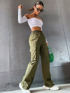 Army Green Casual Collar  Polyester Plain Cargo Pants Embellished Non-Stretch Spring/Summer/Fall Women Bottoms Outfit Rosa, Celana Kargo, Celana Fashion, Trousers Women Wide Leg, Cargo Pants Outfit, Belted Pants, Teenager Outfits, Baggy Pants, Cargo Pant