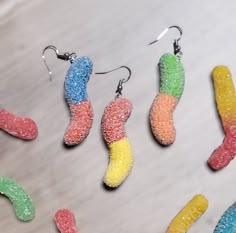 The classic neon Gummy worms! Sweet and sour treat from your ears! Crazy Earrings Aesthetic, Weird Earrings Diy, Wacky Earrings, Novelty Jewelry, Unique Earrings Weird, Earrings Cute, Candy Earrings, Novelty Earrings, Weird Earrings