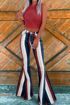 Retro Striped Print Flared Jeans Casual Wear Jeans, Graduation Outfits For Women, Cute Western Outfits, Horse Riding Clothes, Southern Outfits, Country Style Outfits, Cute Country Outfits, Western Style Outfits, Cute Everyday Outfits