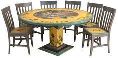 Sticks handmade dining table with colorful folk art imagery and matching chairs Dining Table Colorful, Hand Painted Furniture Bohemian, 60 Round Dining Table, Art Nouveau Modern, Sticks Furniture, Craft Furniture, Bloomsbury Group, Box Table, Whimsical Furniture