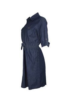 This jean dress is versatile and stylish, with a dark blue color and a midi length cut. The sleeves fall to the elbow, and you can tie the front for a cuter look. The skirt is long and goes to the knee. Styling this piece with a purse or a nice pair of shoes would compliment the dress well. It could be worn for work or even a luncheon. Recycled by Meskita My Closet. Size: M cotton machine wash Elegant Knee-length Denim Dress For Work, Indigo Denim Dress For Work, Knee-length Denim Blue Denim Dress For Fall, Denim Blue Knee-length Dress For Fall, Chic Belted Knee-length Denim Dress, Knee-length Denim Blue Dress For Fall, Chic Knee-length Belted Denim Dress, Indigo Denim Dress For Workwear In Fall, Indigo Knee-length Denim Dress