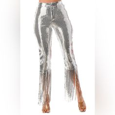 Sequin Fringe Hem Pants High-waisted Pants For Club And Spring, High-waisted Pants For Club And Spring Season, High Waist Bottoms For Club And Party Season, Disco Stretch Party Bottoms, High Waist Bottoms For Club Party, High Waist Bottoms For Party Season, High Waist Pants For Club And Spring Season, Chic Club Bottoms Full Length, Chic Full-length Bottoms For Club