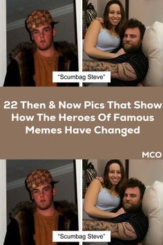 two people sitting on a couch with the caption 22 then and now pics that show how the hero of famous memes have changed