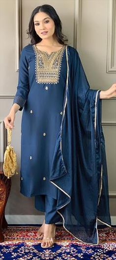 Blue color Salwar Kameez in Rayon fabric with Embroidered work Reception Lehenga, Pant Suit, Thread Work, Viscose Fabric, Rayon Fabric, Blue Suit, Casual Style Outfits, Straight Pants, Style Outfits