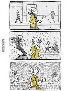 a comic strip with people walking in the rain