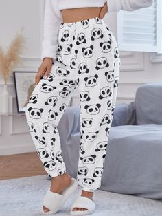 Panda Pattern Flannel Pajama Lounge Pants Black and White Cute   Flannelette Cartoon  Slight Stretch Fall/Winter Women Sleep & Lounge, size features are:Bust: ,Length: ,Sleeve Length: Fluffy Pants, Panda Pyjamas, Panda Outfit, Plush Pajama Pants, Flannel Pajama Bottoms, Panda Pattern, Lounge Pants Womens, Sleepy Head, Pajama Fashion