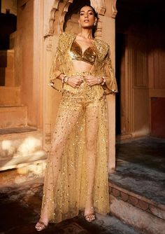 Prevasu-Gold Embellished Pant And Jacket Set-INDIASPOPUP.COM Gold Runway, Three Piece Dress, Indian Wedding Dress Traditional, Gold Bralette, Net Jacket, Indo Western Outfit, Pant Top, Sheer Jacket, Set Saree