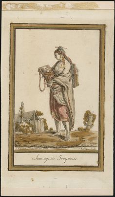 an old drawing of a man in native garb holding a bird on his arm