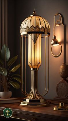 a table lamp sitting on top of a wooden desk next to a potted plant