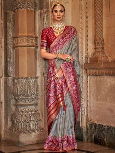 Buy Grey Patola Printed Silk Traditional Saree From Ethnic Plus Lehenga Crop Top, Dress Saree, Grey Saree, Lehenga Choli Wedding, Floral Lehenga, Cotton Silk Fabric, Patola Saree, Bollywood Lehenga, Maroon Blouse