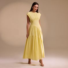 Indulge in this elegant A-line Maxi dress, with its tasteful gathered waist that creates a flattering silhouette. Perfect for any occasion, this dress exudes sophistication with its luxurious fabric and timeless design. Make a statement and feel exclusive in this exquisite dress. Yellow Summer Dresses, Yellow Maxi Dress, A Line Maxi Dress, Yellow Maxi, Luxurious Fabric, L And Light, Luxury Fabrics, Light Yellow, Xl Dress