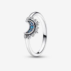 Channel lunar energy with the Celestial Blue Sparkling Moon Ring. This hand-finished ring is crafted from luminous sterling silver, with a crescent moon motif in the centre filled with deep blue pavé. Sparkling stars surround the outer side of the crescent. Wear it by itself as a symbol of enlightenment, hope and the divine feminine, or stack it with its counterpart, the Celestial Sparkling Sun Ring. The two rings fit perfectly together, representing duality and harmony in nature and within ourselves. - Pandora Celestial Blue Sparkling Moon Ring - Sterling silver / Mixed stone / Blue - Sz. 6 Pandora Celestial, Moon Ring Silver, Pandora Moon, Harmony In Nature, Lunar Energy, Sun Ring, Celestial Blue, The Divine Feminine, Sparkling Stars