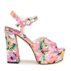 Vallen Strappy Platform Sandals in Pink Floral Pink Floral Heels, Preppy Heels, Senior Hoco, High Heels For Prom, Homecoming Shoes, Bridesmaid Outfits, Strappy Platform Sandals, Church Fits, Black High Heel Boots