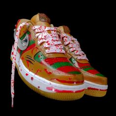 Introducing Freddy Af1- a handcrafted Air Force 1 inspired by the infamous Freddy Krueger. This shoe features unique details, including leather glove. leather and chilling claw marks. Perfect for horror fans looking to add a dose of creepy to their sneaker collection. Read before purchasing  This is a service to customize a shoe with engraving, which costs a specified amount that includes materials and artist time. Price listed includes the cost of the Air Force One needed to [produce the art piece.  The AF1 is purchased from Nike.com or Third-Party with collaboration of Nike. The available sizes are 3.5-15 US, and the turn-around time is 4-6 weeks from purchase. Hand Painted Lace-up Leather Custom Sneakers, Custom Leather Sneakers For Streetwear, Painted Air Force 1, Shoe Goals, Blue Jean Overalls, Custom Sneakers Diy, Custom Shoes Diy, Halloween Custom, Air Force 1 Custom