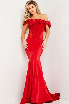 Jovani 37225 - Off the shoulder corset bodice fitted evening gown. The neckline and straps feature bows. Off-shoulder Gown With Fitted Bodice For Gala, Gala Evening Dress With Fitted Bodice And Straight Neckline, Boned Bodice For Gala During Prom Season, Off-shoulder Evening Dress With Sweep Train For Gala, Strapless Gown With Boned Bodice For Evening, Gala Ball Gown Evening Dress With Fitted Bodice, Gala Off-shoulder Evening Dress With Fitted Bodice, Gala Gown With Sweep Train And Straight Neckline, Off-shoulder Evening Dress With Fitted Bodice For Gala