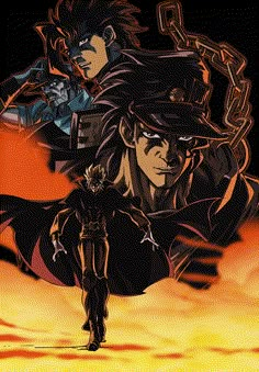 two anime characters are standing in front of an orange and black background with chains hanging from them