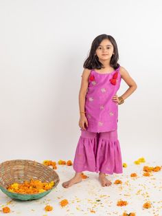 Girls Lilac Chanderi Embroidered Sharara Set (Set of 2) By Mr Brat now available at Trendroots