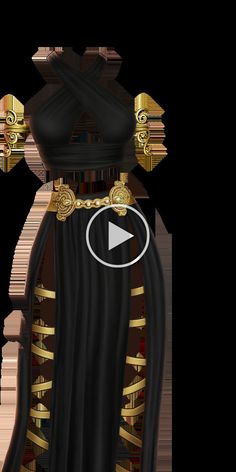 an animated image of a woman in black and gold dress with her hands on her hips