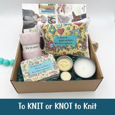 a box filled with lots of different items and the words to knit or knot to knit