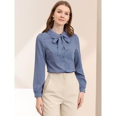 Whether you're in the office or out on the town, this cute blouse is perfect for any occasion. The soft fabric will keep you comfy all the time. Simple and classic shirts are never out of date and maintain an elegant appearance. The stylish Peter Pan collar and bow-tie neck design are different from those of classic shirts, adding a unique feminine. A classic blouse goes well with everything. It can be dressed up with dress pants or casual with skinny jeans or plaid skirts to show the preppy sty Chiffon Bow, Classic Blouse, Chiffon Shorts, Button Blouse, Puff Long Sleeves, Lace Top Long Sleeve, Tie Neck Blouse, Cute Blouses, Women's Blouses