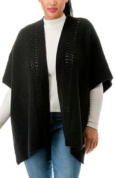 This ultracozy poncho knit from supersoft yarns in an oversized fit makes the perfect layering piece. 60" x 40"
 Open front Elbow-length sleeves 42% acrylic, 31% polyester, 27% polyamide Machine wash, dry flat Imported Oversized Poncho For Layering, Fall Knit Poncho For Layering, Black Knit One-size Poncho, Oversized Cozy Cashmere Poncho, Knit Poncho For Fall Layering, Knit Poncho For Cold Weather, Cozy Oversized Cashmere Poncho, Oversized Black Knit Poncho, Oversized Cozy Cashmere Cape