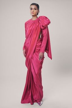 Pink handwoven solid saree. Comes with an unstitched blouse piece. - Aza Fashions Silk Saree Blouse With Draped Sleeves, Designer Silk Pre-draped Saree With Draped Sleeves, Fitted Silk Pre-draped Saree With Draped Sleeves, Traditional Blouse With Draped Sleeves, Silk Blouse Piece With Draped Sleeves For Wedding, Traditional Wedding Saree With Draped Sleeves, Traditional Blouse With Draped Sleeves For Reception, Traditional Pre-draped Saree For Diwali With Draped Sleeves, Designer Saree With Draped Sleeves