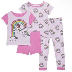 % Authentic Merchandise New With Tags. Hello Kitty Unicorn & Rainbow Girl's Short Sleeve 4 Piece Cotton Pajama Set Size: 2t Color: Pink Simple And Simply Adorable! One Pair Has A Large Hello Kitty Riding A Unicorn With Solid Pink Shorts. The Other Has An All Over Kitty Pattern. They Are Designed To Be Worn Snug-Fitting For Fire Safety. Machine Washable And Easy To Care For. Gotta Love Hk! Feel Free To Message Me With Any Questions. Serious Inquiries Only Please. ***Shipping*** Once Payment Is Re Cute Bedtime Sets With Character Print, Cute Sleepover Sets With Character Print, Cute Multicolor Pajama Party Sets, Kawaii Multicolor Sleepwear For Sleepover, Multicolor Kawaii Sleepwear For Sleepovers, Cute Multicolor Sleepover Sets, Cute Sleep Sets With Character Print, Cute Character Print Sleep Sets, Playful Hello Kitty Print Sleepwear