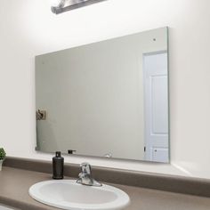 a bathroom sink with a mirror above it and a plant on the counter next to it