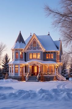 a large house covered in snow with christmas lights on the front porch and side windows