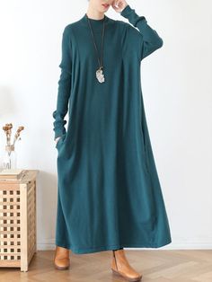 Styles: Casual Material: Cotton Blend Clothing Length: Mid-Calf Sleeve Length: Long Sleeve Collar: Mock Neck Pattern: Solid Color Season: Winter #dress #maxidress #sweaterdress #knitwear Long Casual Sweater Dress In Solid Color, Long Solid Color Sweater Dress For Winter, Solid Color V-neck Sweater Dress For Winter, Non-stretch Long Sweater Dress For Winter, Winter Maxi Dress, Casual Non-stretch Long-sleeved Sweater Dress, Winter Maxi, Mock Neck Sweater Dress, Maxi Dress Winter