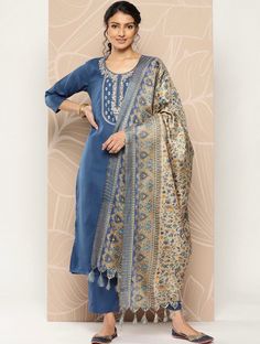 * Women Embroidered Thread Work Kurta With Trousers & Dupatta   Indian Wedding Wear Salwar Kameez / Silk Party Wear Kurta Set / Indian Ethnic Dress / Cotton Kurta Set / Plus Size Silk Kurta Dress / Traditional Indian Wear / Salwar Kameez Dupatta / Kurti Palazzo Set * Blue embroidered Kurta with Trousers with dupatta * Kurta design:- * Solid embroidered * Straight shape * Regular style * Round neck, three-quarter regular sleeves * Thread work detail * Calf length with straight hem * Cotton blend Indian Party Wear Dresses, Party Wear Kurta, Kurti Palazzo Set, Indian Dresses For Women, Kurti Palazzo, Set Plus Size, Indian Party, Indian Party Wear, Kurta Dress