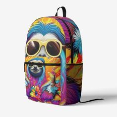 Emerald Blossoms - Retro Colorful Cool Sloth Wears Glasses Backpack Introducing Emerald Blossoms Classic Full Color Print Trendy Backpack, where classic meets vibrancy in a kaleidoscope of color. This backpack is more than just a fashion statement; it's a picture of nostalgia and style. Featuring the iconic Cool Sloth Wears Glasses design, inspired by psychedelic art and crafted for the free-spirited hippie in you. Carry your essentials in quirky sophistication and embrace the fusion of classic charm and contemporary cool. ORGANIZATION MADE EASY – Simple design & convenient, 2 large spacious compartments with an internal 15” laptop sleeve, zippered front mesh & utility pocket & a side water bottle holder RELIABLE & COMFORTABLE BACKPACK – The Big Campus is constructed with durable fabric, z Glasses Design, Trendy Backpacks, Water Bottle Holder, Water Bottle Holders, Free Spirited, Bottle Holder, Color Print, Black Backpack, Laptop Sleeve