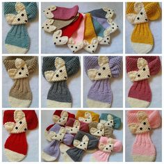 many knitted teddy bears are shown in different colors and sizes, including one with a bow