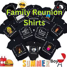 -Black Family Reunion Shirts- Looking for the perfect way to show your support for your family during their reunion? Look no further than our family reunion shirt! This black shirt features a colorful family tree graphic on the front, making it the perfect way to show everyone that you're part of this big, happy family. Plus, our custom family shirts are made just for you and your loved ones, so you can be sure that everyone will be able to spot you and your clan at the next reunion. Get your family reunion shirt today! Thank you for your interest in my family reunion shirts!   -Due to the amount of variations with these shirts I am not able to add different colors or styles than what is posted. -Please keep in mind you may get seperate deliveries.  This is totally normal! Dont think the s Black Short Sleeve Top For Family Gatherings, Black Tops With Graphic Print For Family Events, Custom Print Black Top For Family Gatherings, Black Custom Print Top For Family Gatherings, Black Tops With Custom Print For Family Gatherings, Black Short Sleeve T-shirt For Family Gatherings, Black Graphic Print T-shirt For Family Reunion, Black Graphic Print T-shirt For Family Gatherings, Black Short Sleeve T-shirt For Family Reunion