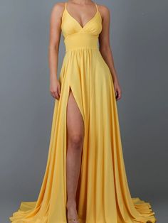 This polyester maxi dress is available in yellow, black, pink, orange, or white colors, making it the perfect summer dress for any occasion. Experience Supreme Quality with our Versatile Solid Color Dress: Crafted with the utmost attention to detail, our slim and orange dress exudes quality and sophistication. The solid color design allows you to showcase your personal style and versatility. Whether you're attending a formal event or a casual gathering, this dress is sure to make a lasting impre Yellow Chiffon V-neck Maxi Dress, Flowy Dress For Gala And Prom Season, Flowy Full-length Party Dress, Summer Prom Sundress, Summer Prom Style Sundress, Party Full Length Chiffon Maxi Dress, Chiffon Full-length Maxi Dress For Party, Yellow Solid Color Sundress, Long Summer Prom Dress