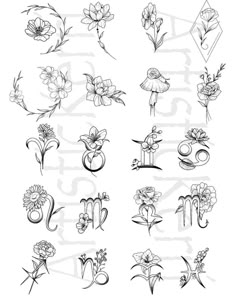 various flowers and letters drawn in ink