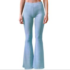 Gorgeous Fitted Bell Bottom Pants In Super Stretchy Ribbed Knit Material. High Waisted With A Dramatic Flare, They Are Flattering And Slimming On Many Body Types. Stretch Knit Material Make Them Super Comfortable And Versatile. Garment Measurements (In Inches): Bust - Waist - Rise - Hip Xs: 26 - 24 - 10 - 31 S: 28 - 26 - 10 - 31 M: 30 - 28 - 10.5 - 32 L: 32 - 30 - 10.5 - 32 Xl: 34 - 32 - 11 - 33 Xxl: 36 - 34 - 11 - 33 Model Measurements: Bust: 32" Waist: 25" Hips: 35" Height: 5'5 Model Is Wearin High Stretch Ribbed Pants For Spring, Ribbed High Stretch Bottoms For Summer, Ribbed Stretch Wide Leg Bottoms, High Stretch Ribbed Summer Bottoms, High Stretch Ribbed Bottoms For Summer, Ribbed High Waist Pants, Light Blue Non-stretch Mid-rise Pants, High Waist Solid Ribbed Bottoms, Blue High Stretch Wide Leg Pants