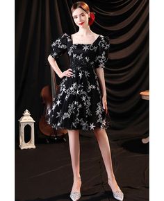 Buy black short party hoco dress aline with star patterns bubble sleeves at wholesale price online. Free shipping and pro custom service since 2009. Short Sleeve Prom Dress, Black Tulle Prom Dress, Short Sleeve Prom Dresses, Short Skater Dress, Beautiful Frocks, Sleeve Prom Dress, Prom Fashion, Floral Prom Dresses, Hoco Dress