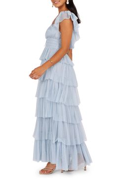 A romantic Swiss-dot tulle maxi dress awash in dreamy ruffles features a dainty keyhole tie, fluttery sleeves and cascading tiers. Slips on over head Square neck Cap sleeves Lined 100% nylon Hand wash, dry flat Imported Tiered Tulle Maxi Dress With Ruffles, Spring Tulle Maxi Dress With Ruffles, Chic Swiss Dot Maxi Dress For Spring, Tulle Maxi Dress, Tiered Maxi Dress, Swiss Dot, Maxi Dress Blue, Nordstrom Dresses, Square Neck