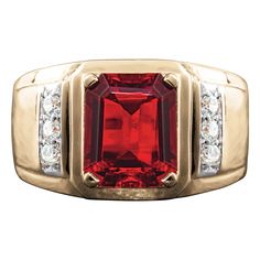 A glorious 3.49ct of red Diamondeau® - flawless simulated diamond; which personifies power and a timeless energy. Historically worn only by powerful men who were strong and respected as a sign of their authority. We bring you this sterling silver mount, lavishly plated in 18k yellow gold for a bold statement. With a regal finishing touch of 0.60ct accent Diamondeau® - flawless simulated diamond flanking either side. A perfect gift. 14k Gold Signet Ring, Personalized Wedding Bands, Red Garnet Ring, Gold Signet Ring, Garnet Jewelry, January Birthstone, Red Gemstones, Garnet Ring, Ring For Men