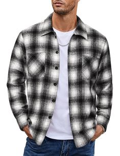 PRICES MAY VARY. MATERIAL: This plaid shirt is made from premium fabric, ensuring a soft, comfortable, and skin-friendly feel. It keeps you warm during autumn, spring, and chilly winters, all while maintaining a fashionable look FEATURE: The flannel shirt showcases a classic plaid pattern that exudes timeless appeal. With its front button closure, it offers convenience and ease of wear. The shirt's medium weight provides the perfect balance of warmth and comfort. It is equipped with two chest po Black Flannel Button-up Outerwear, Plaid Fleece Jacket With Pockets, Plaid Long Sleeve Fleece Jacket With Pockets, Plaid Fleece Jacket With Pockets And Long Sleeves, Black Long Sleeve Flannel Outerwear, Black Flannel Long Sleeve Outerwear, Black Winter Flannel Shirt With Pockets, Black Flannel Shirt With Pockets For Winter, Long Sleeve Flannel Outerwear With Buttons