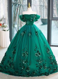 Green Tulle 3D Flower Off the Shoulder Quinceanera Dress Quinceanera Green, Off The Shoulder Quinceanera Dress, Quinceanera Dresses Green, Dress Etiquette, Beaded Party Dress, Golden Globes Red Carpet, Green Tulle, Exquisite Gowns, Princess Ball Gowns